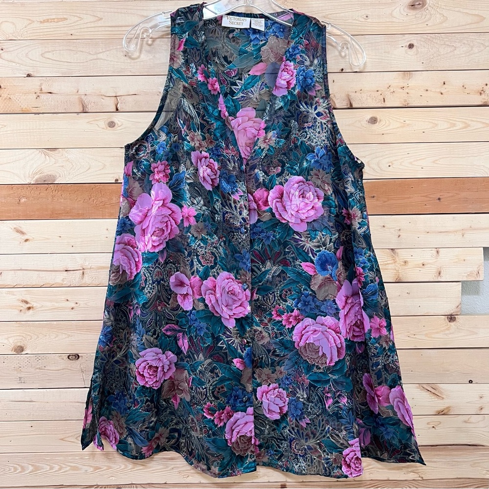 Victoria Secret Vintage Cottagecore Emerald Green Pink Floral Sleeveless Top
